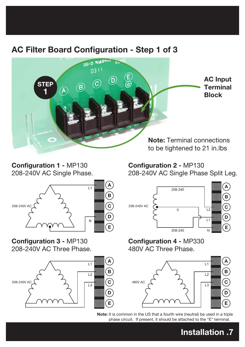 Ac filter board configuration - step 1 of 3, Installation .7, Ac input terminal block | Step | DC Power Technologies FS3 - Owners Manual User Manual | Page 7 / 29