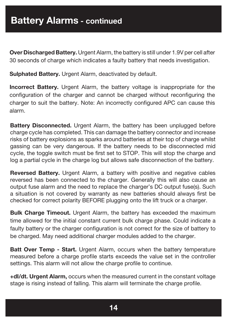 Battery alarms, Continued | DC Power Technologies FS5 - Owners Manual User Manual | Page 14 / 25