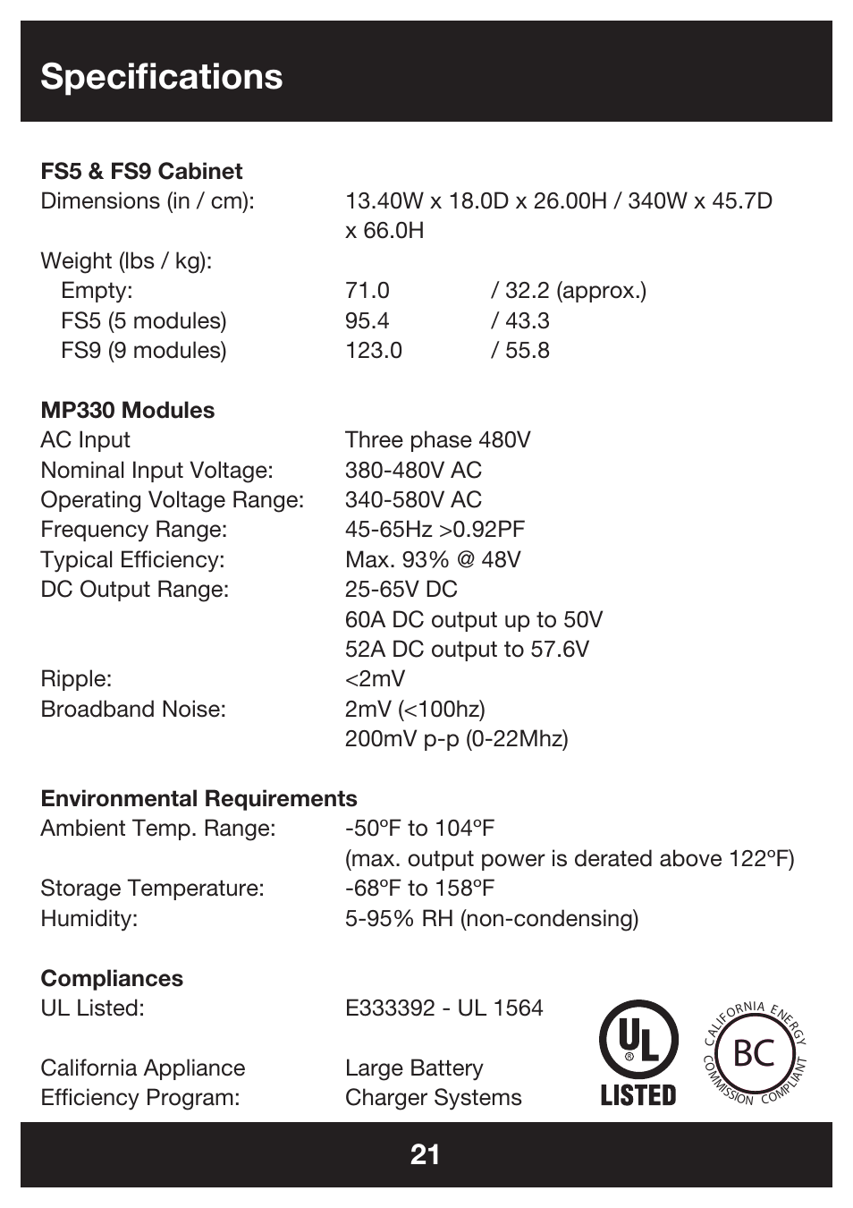 Specifications | DC Power Technologies FS5 - Owners Manual User Manual | Page 22 / 25