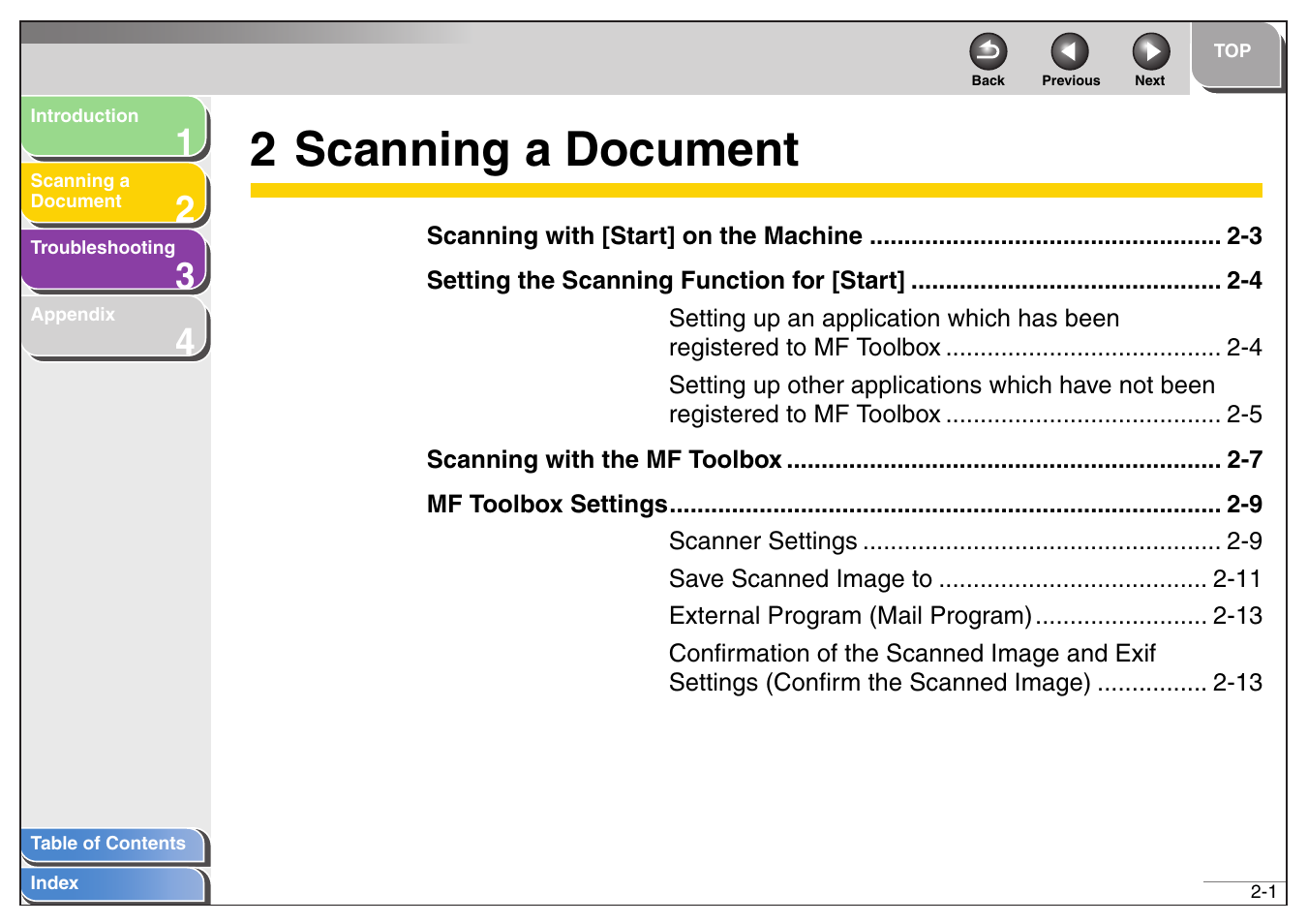 2 scanning a document, Scanning a document, 2 scanning a document -1 | Next | Canon MF4200 User Manual | Page 15 / 80