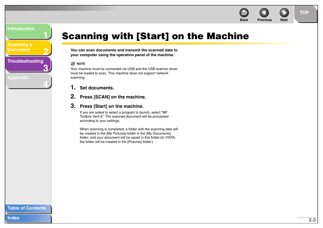 Scanning with [start] on the machine, Scanning with [start] on the machine -3, Next | Canon MF4200 User Manual | Page 17 / 80