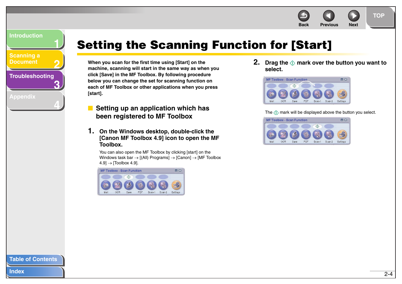 Setting the scanning function for [start, Setting the scanning function for [start] -4, Next | Canon MF4200 User Manual | Page 18 / 80