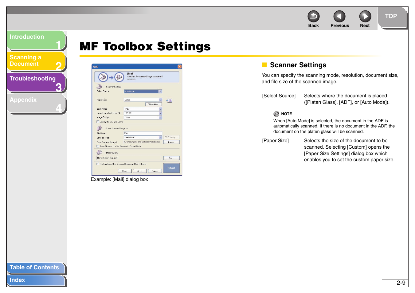 Mf toolbox settings, Scanner settings, Mf toolbox settings -9 | Scanner settings -9, Next, See “mf toolbox settings,” on p. 2-9 | Canon MF4200 User Manual | Page 23 / 80