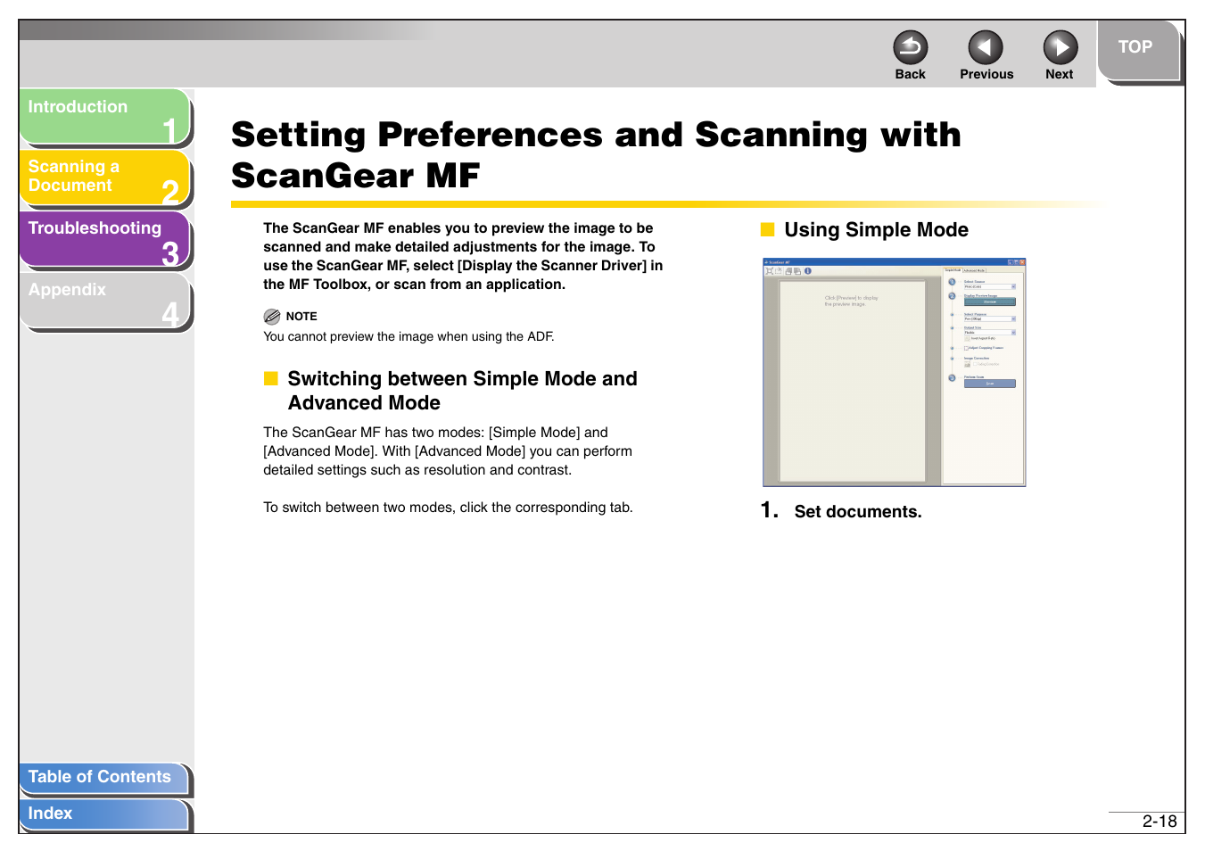 Setting preferences and scanning with scangear mf, Switching between simple mode and advanced mode, Using simple mode | Using simple mode -18, Next | Canon MF4200 User Manual | Page 32 / 80