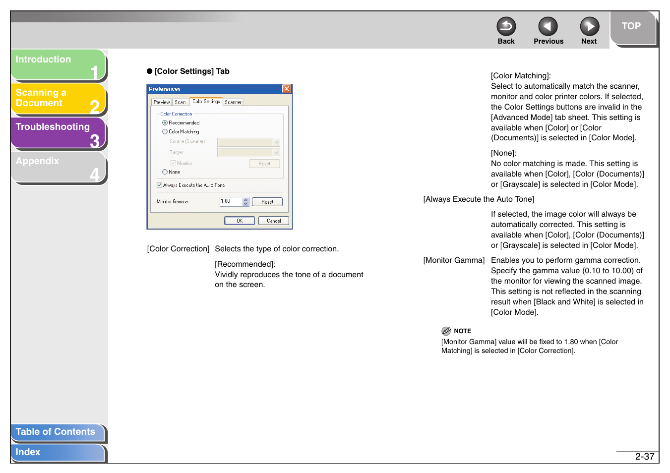 See “[color settings] tab,” on p. 2-37, X (see p. 2-37), Next | Canon MF4200 User Manual | Page 51 / 80