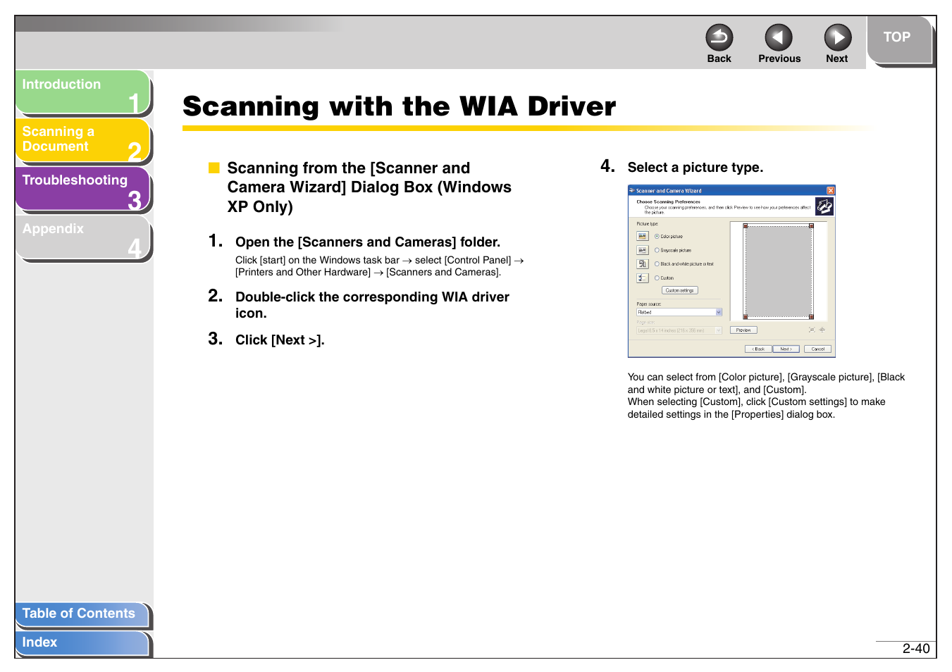 Scanning with the wia driver, Scanning with the wia driver -40, Nning with the wia driver,” on p. 2-40 | Next | Canon MF4200 User Manual | Page 54 / 80