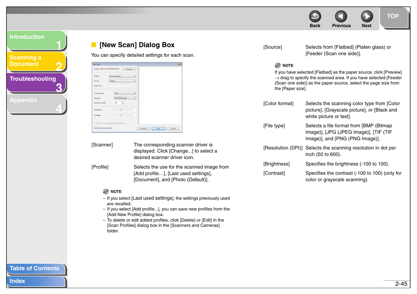 New scan] dialog box, New scan] dialog box -45, See “[new scan] dialog box,” on p. 2-45 | Next | Canon MF4200 User Manual | Page 59 / 80