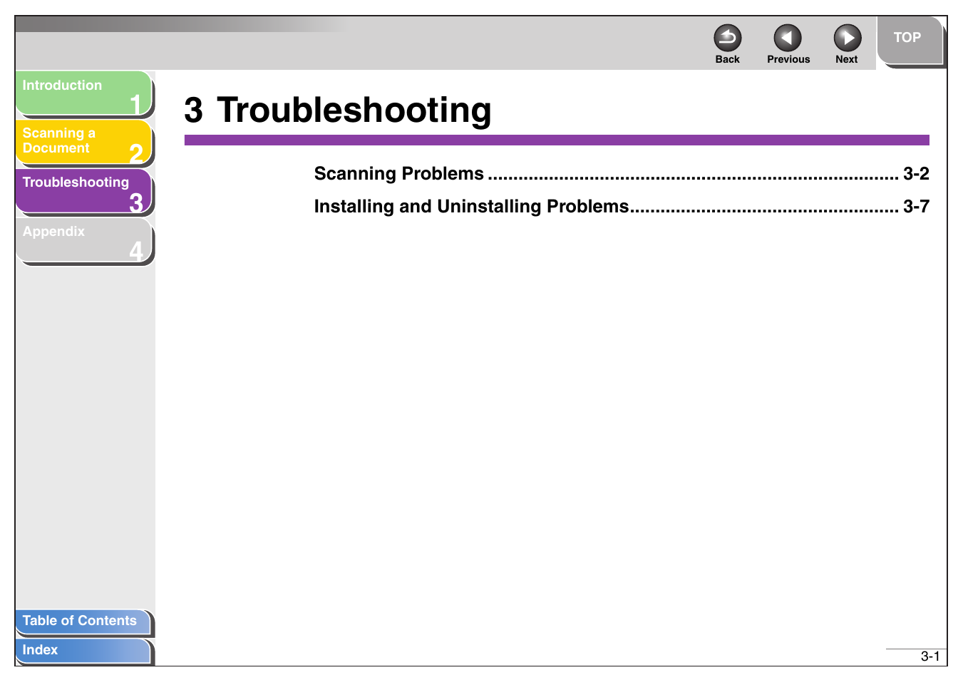 3 troubleshooting, Troubleshooting, 3 troubleshooting -1 | See chapter 3, “troubleshooting, Next | Canon MF4200 User Manual | Page 62 / 80