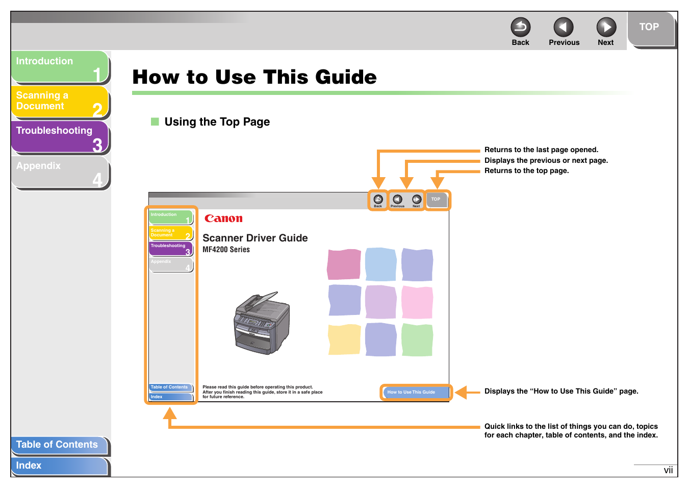 How to use this guide, Next | Canon MF4200 User Manual | Page 8 / 80