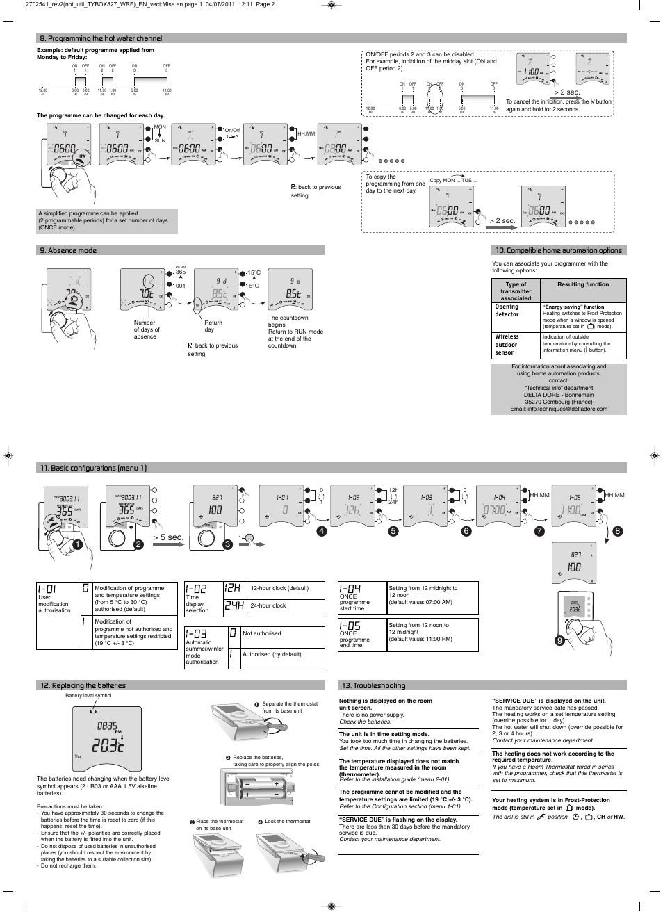 Troubleshooting 12. replacing the batteries, Basic configurations (menu 1), Absence mode 8. programming the hot water channel | Compatible home automation options | Delta Dore 827 W RF TYBOX User Manual | Page 2 / 2