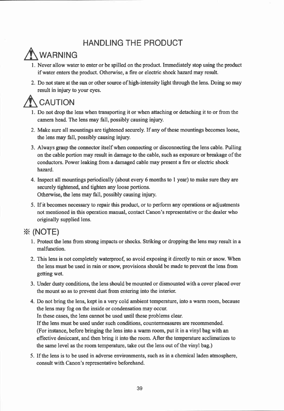 Handling the product warning, Caution | Canon YJ12X6.5B IRS-A User Manual | Page 11 / 46