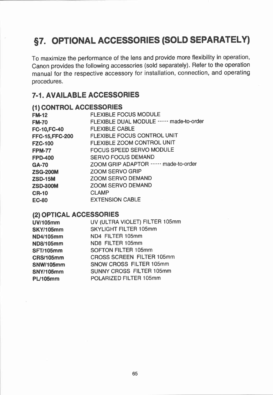 Optional accessories (sold separately), 1. available accessories | Canon YJ12X6.5B IRS-A User Manual | Page 37 / 46