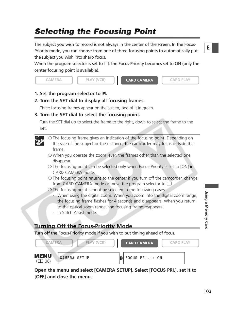 Selecting the focusing point, Turning off the focus-priority mode | Canon Elura 70 User Manual | Page 103 / 162