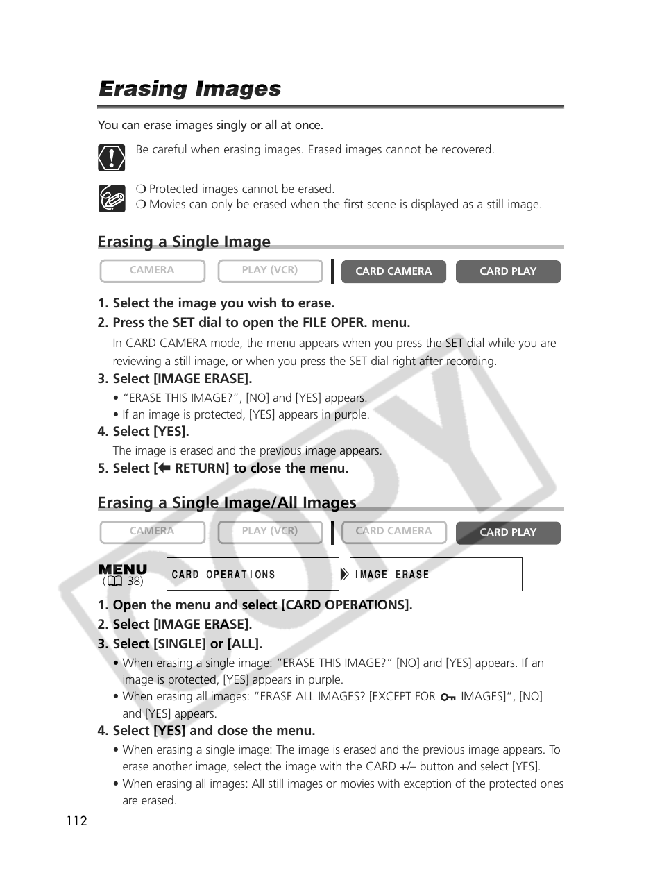 Erasing images, Erasing a single image, Erasing a single image/all images | Canon Elura 70 User Manual | Page 112 / 162