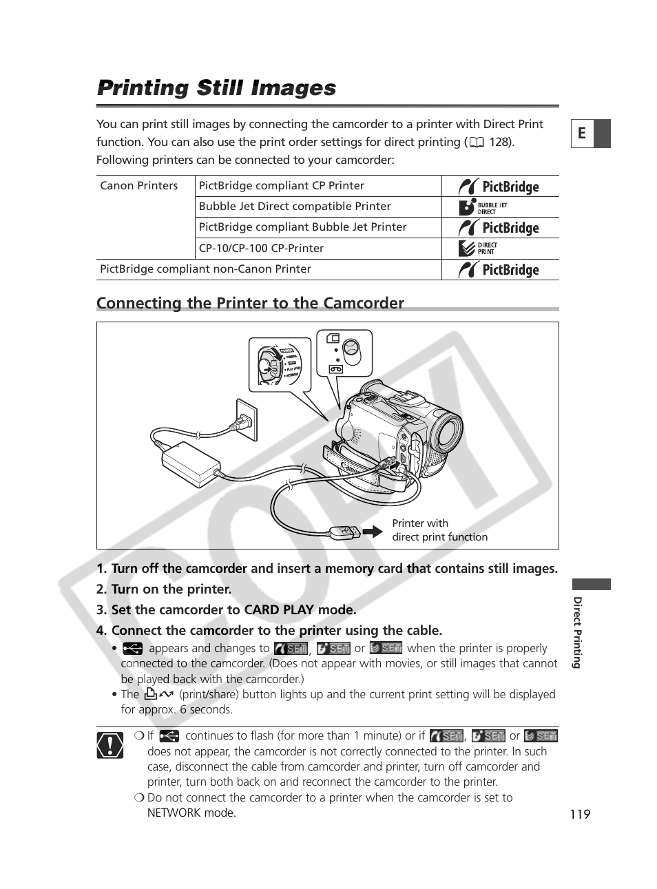 Printing still images, Connecting the printer to the camcorder | Canon Elura 70 User Manual | Page 119 / 162