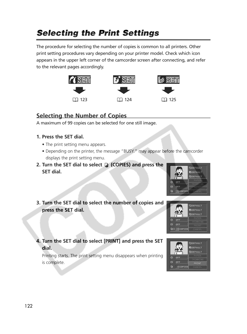 Selecting the print settings, Selecting the number of copies | Canon Elura 70 User Manual | Page 122 / 162