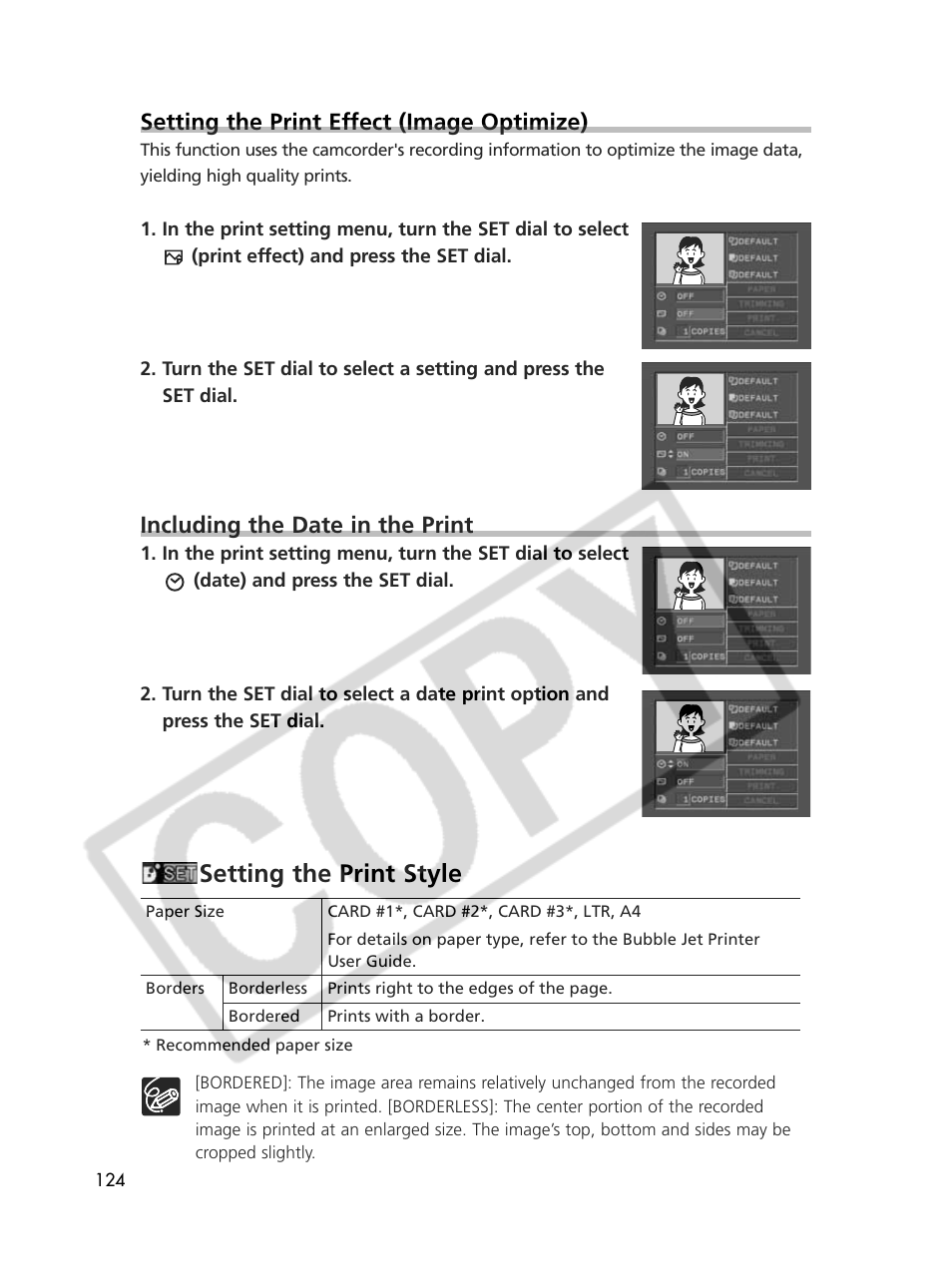 Setting the print style, Setting the print effect (image optimize), Including the date in the print | Canon Elura 70 User Manual | Page 124 / 162