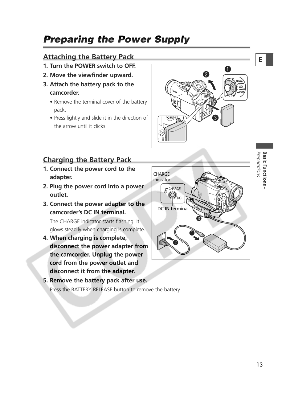 Preparing the power supply, Attaching the battery pack, Charging the battery pack | Qe w | Canon Elura 70 User Manual | Page 13 / 162