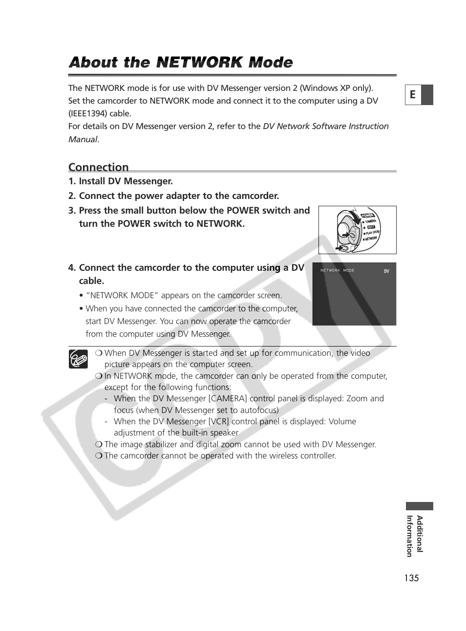 About the network mode, Connection | Canon Elura 70 User Manual | Page 135 / 162