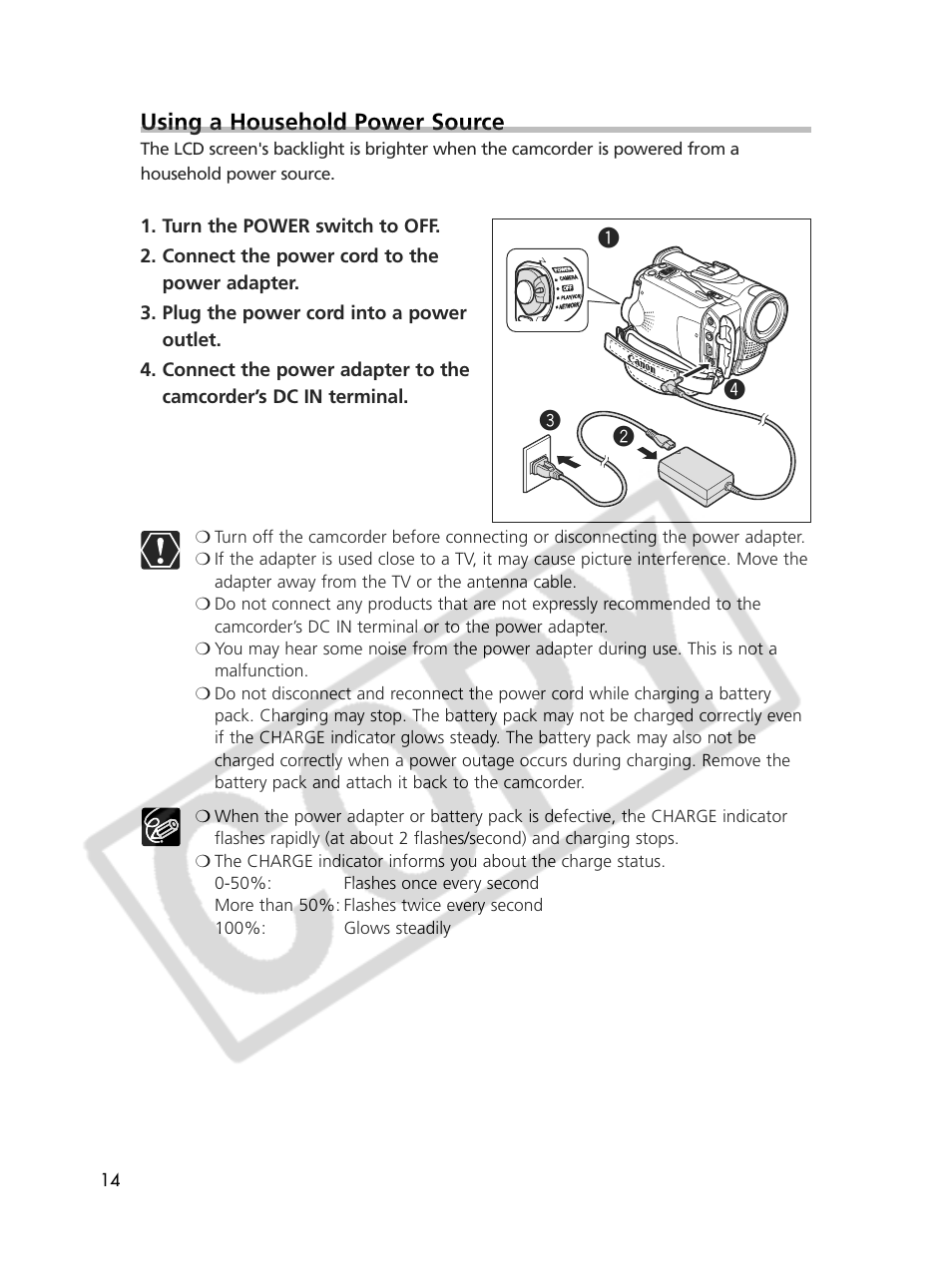 Using a household power source, Qw e r | Canon Elura 70 User Manual | Page 14 / 162