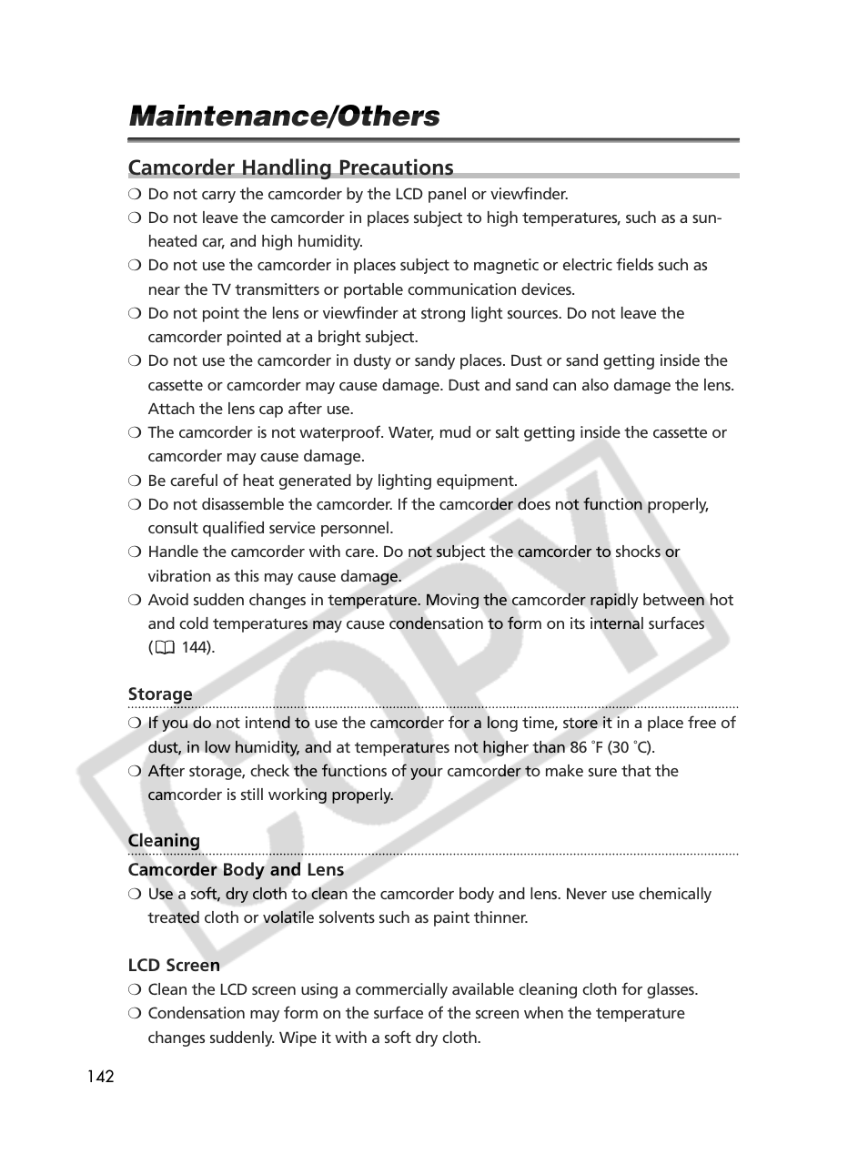 Maintenance/others, Camcorder handling precautions | Canon Elura 70 User Manual | Page 142 / 162