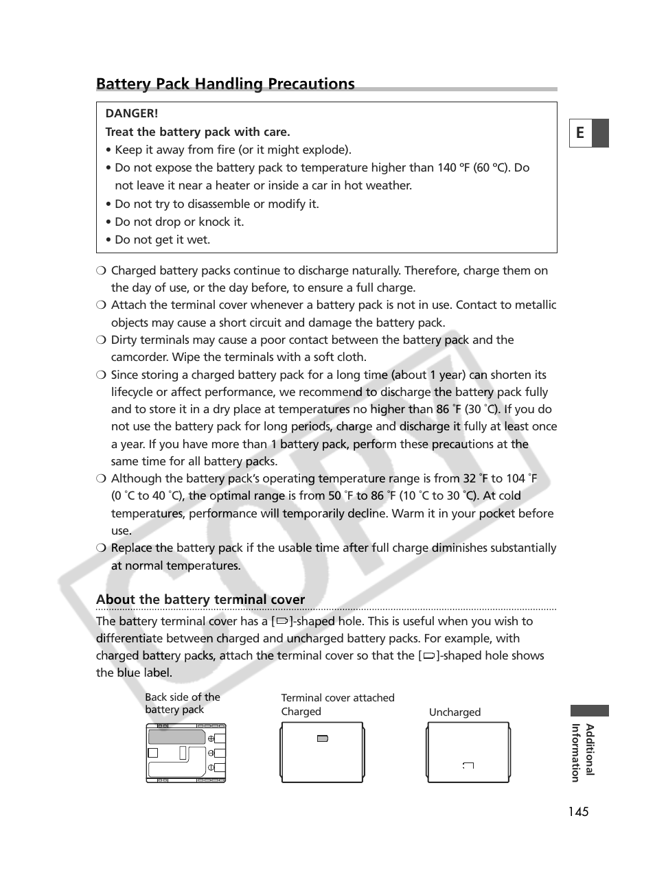 Ebattery pack handling precautions | Canon Elura 70 User Manual | Page 145 / 162