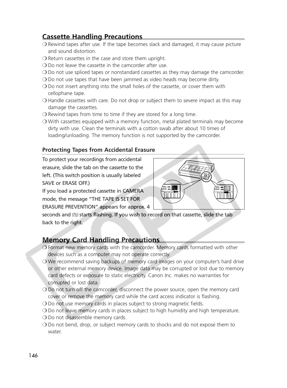 Cassette handling precautions | Canon Elura 70 User Manual | Page 146 / 162