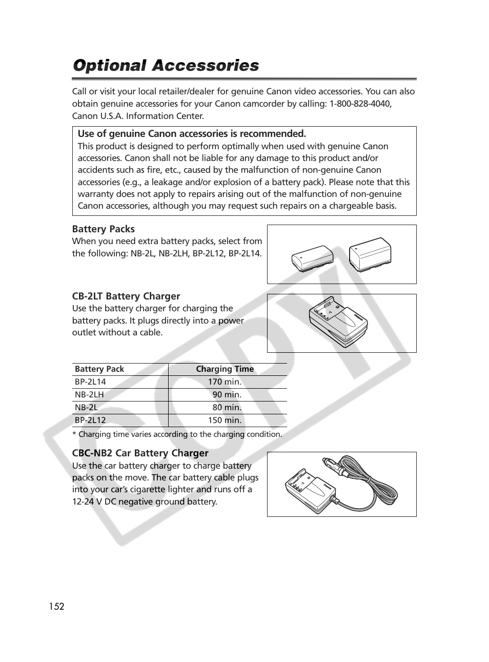 Optional accessories | Canon Elura 70 User Manual | Page 152 / 162