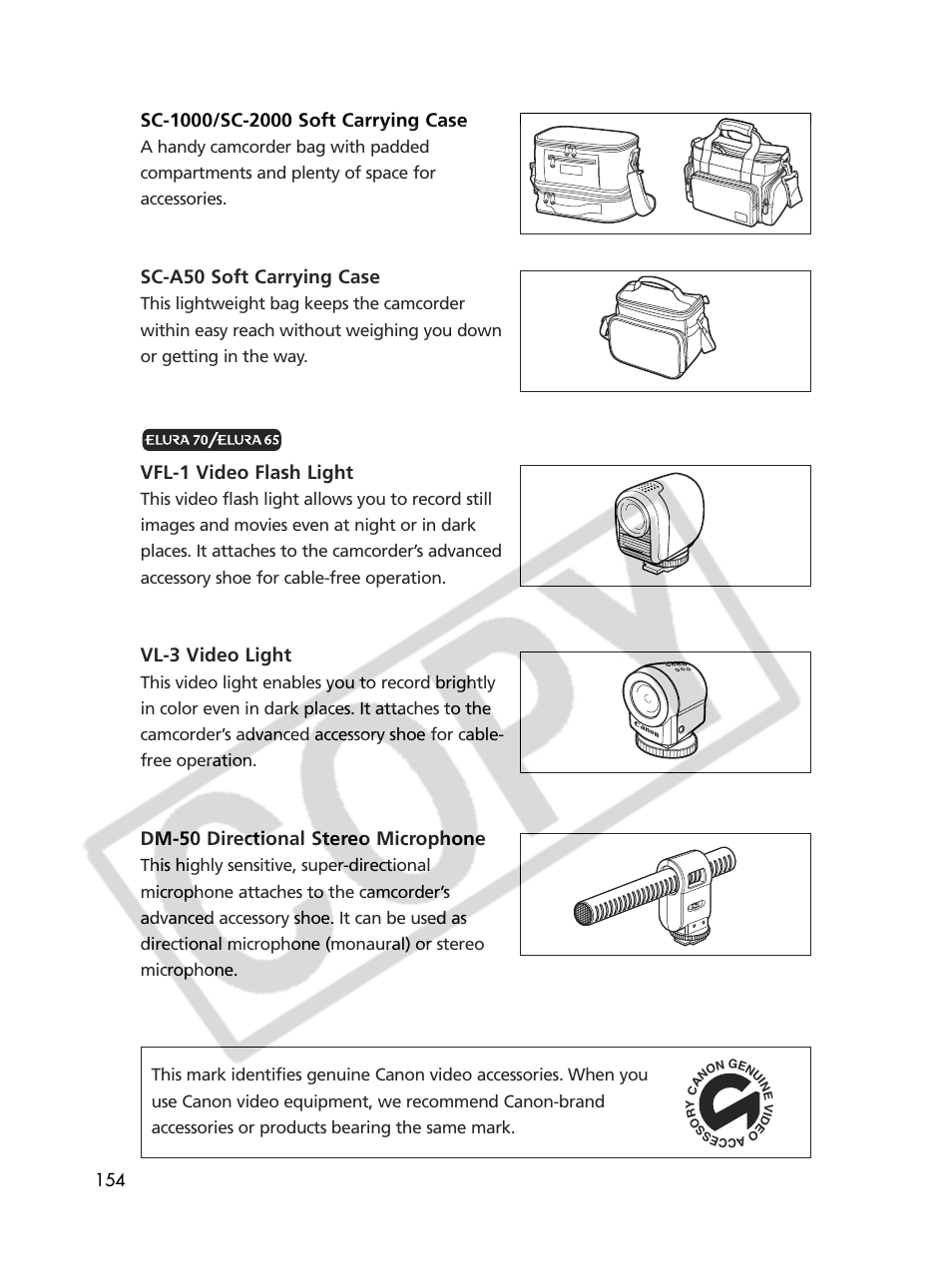 Sc-a50 soft carrying case, Vfl-1 video flash light, Vl-3 video light | Dm-50 directional stereo microphone | Canon Elura 70 User Manual | Page 154 / 162