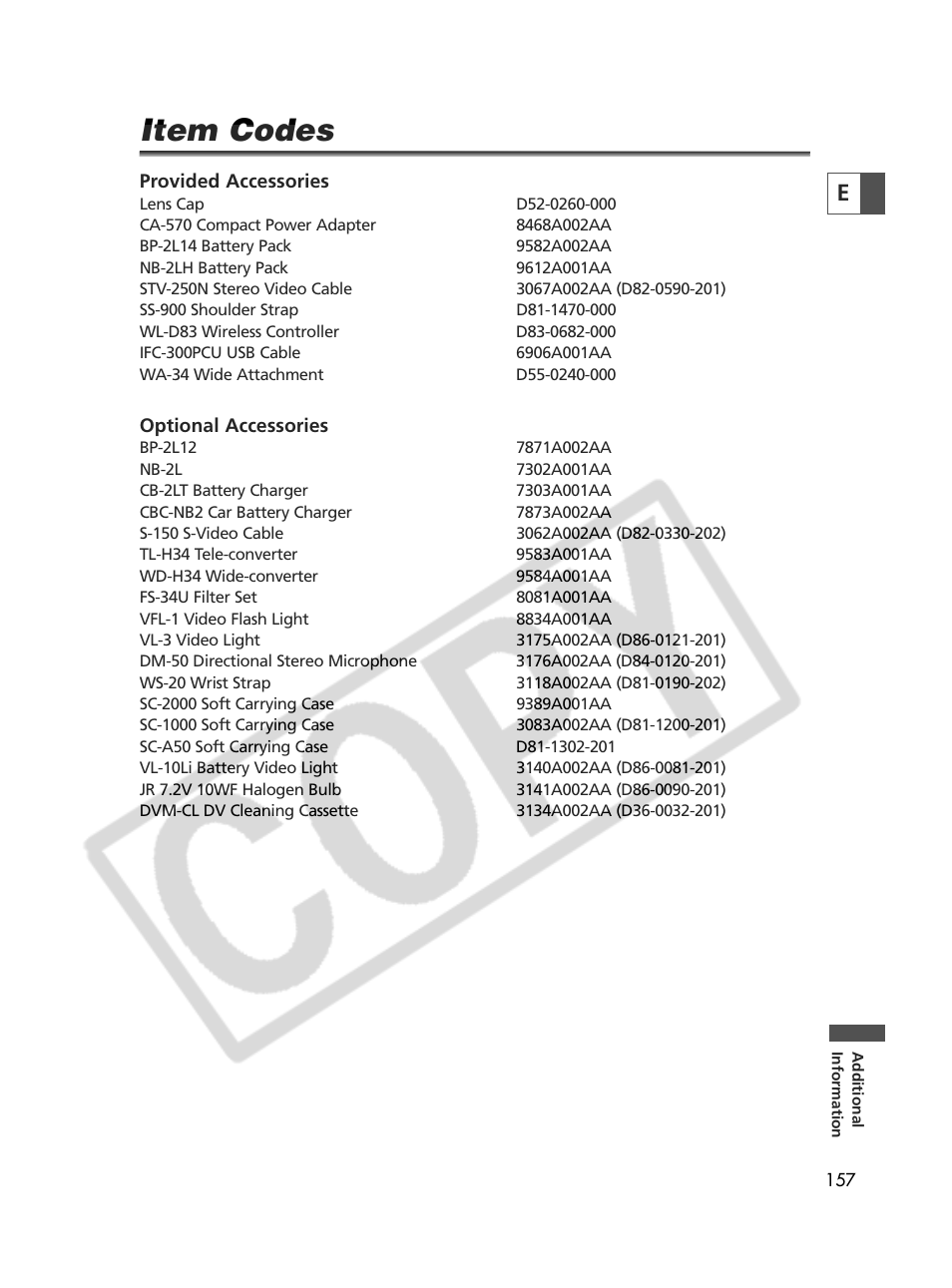 Item codes | Canon Elura 70 User Manual | Page 157 / 162