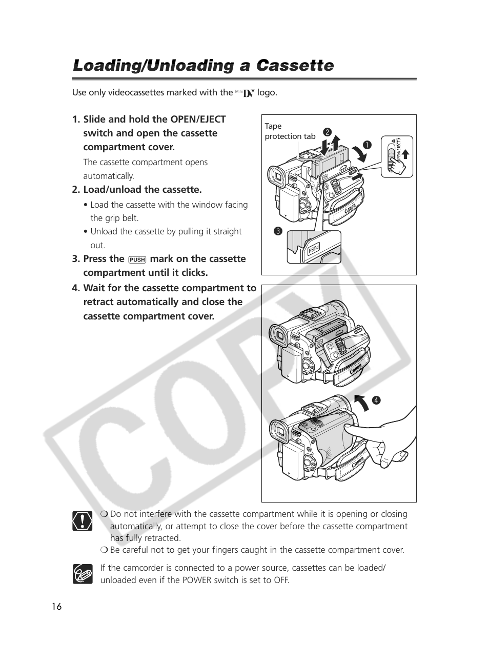 Loading/unloading a cassette | Canon Elura 70 User Manual | Page 16 / 162