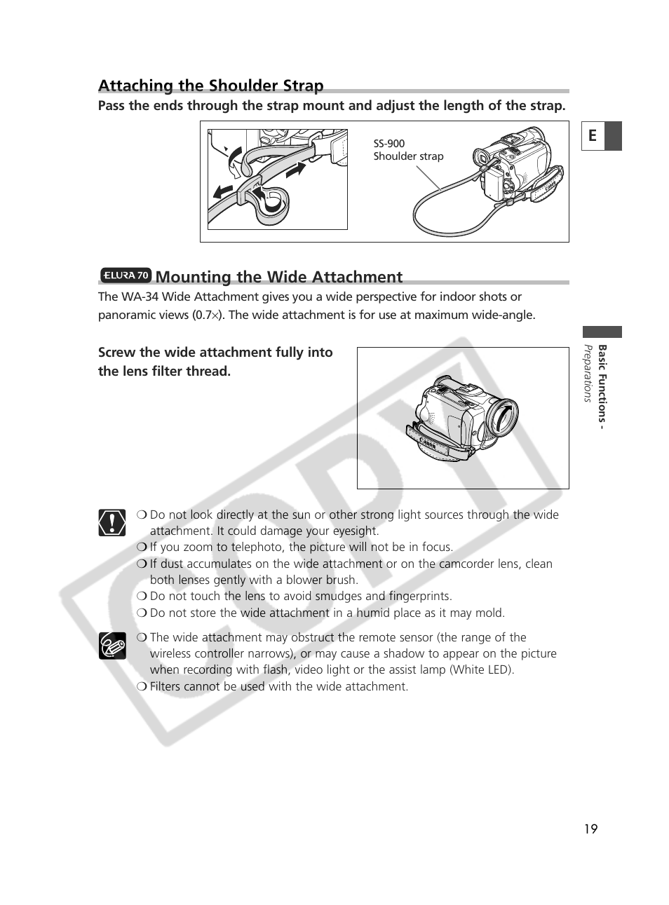Eattaching the shoulder strap, Mounting the wide attachment | Canon Elura 70 User Manual | Page 19 / 162