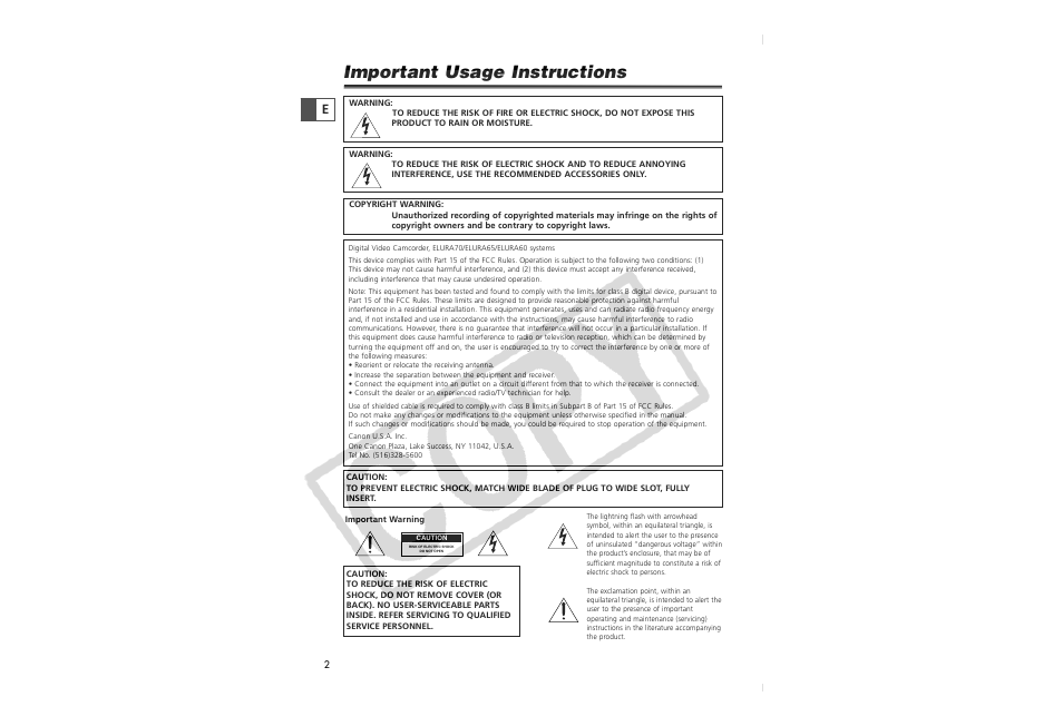 Important usage instructions | Canon Elura 70 User Manual | Page 2 / 162