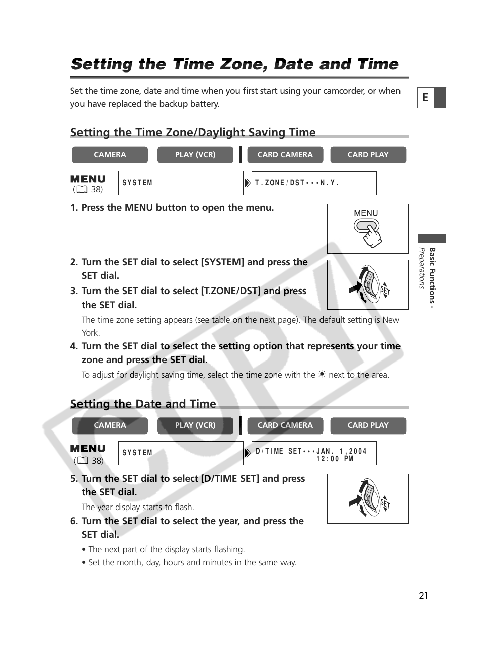 Setting the time zone, date and time, Setting the time zone/daylight saving time, Setting the date and time | Canon Elura 70 User Manual | Page 21 / 162