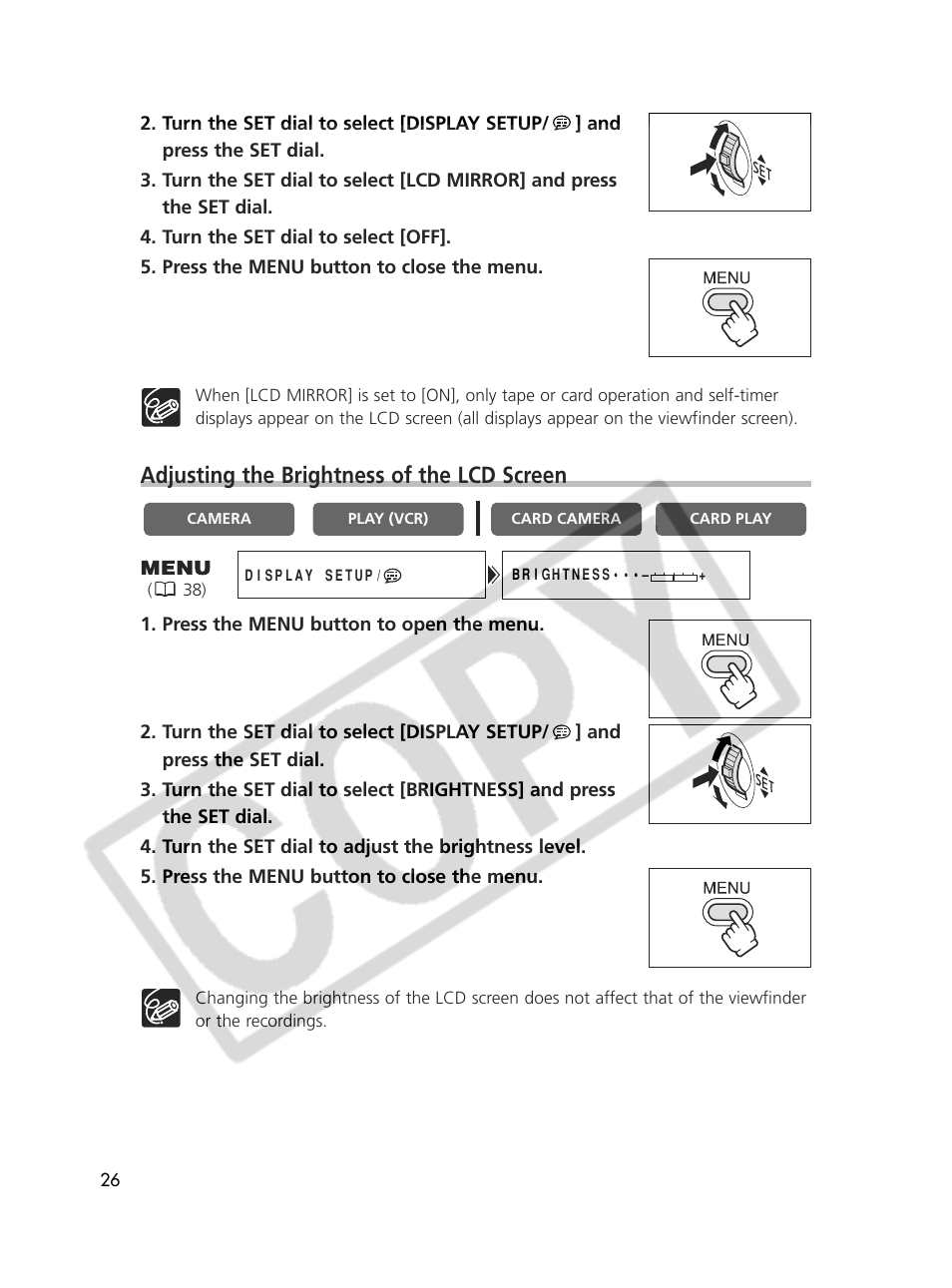 Adjusting the brightness of the lcd screen | Canon Elura 70 User Manual | Page 26 / 162