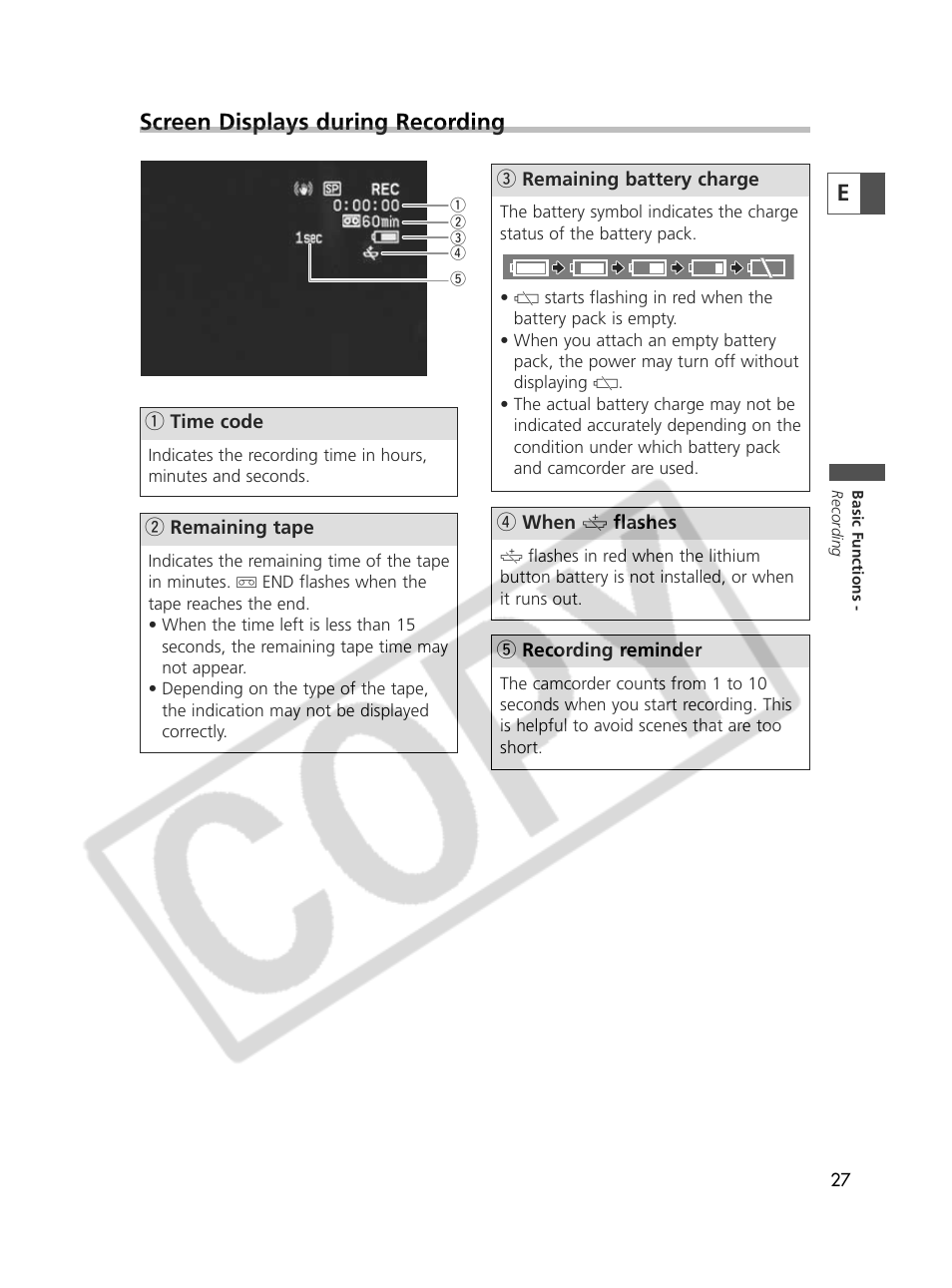 Escreen displays during recording | Canon Elura 70 User Manual | Page 27 / 162