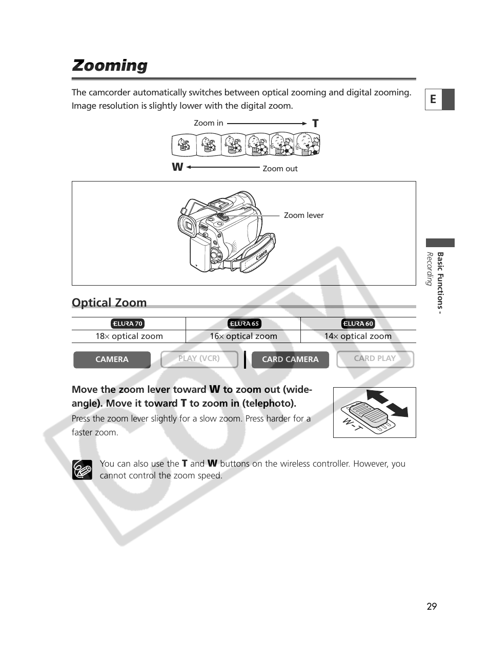 Zooming, Optical zoom | Canon Elura 70 User Manual | Page 29 / 162