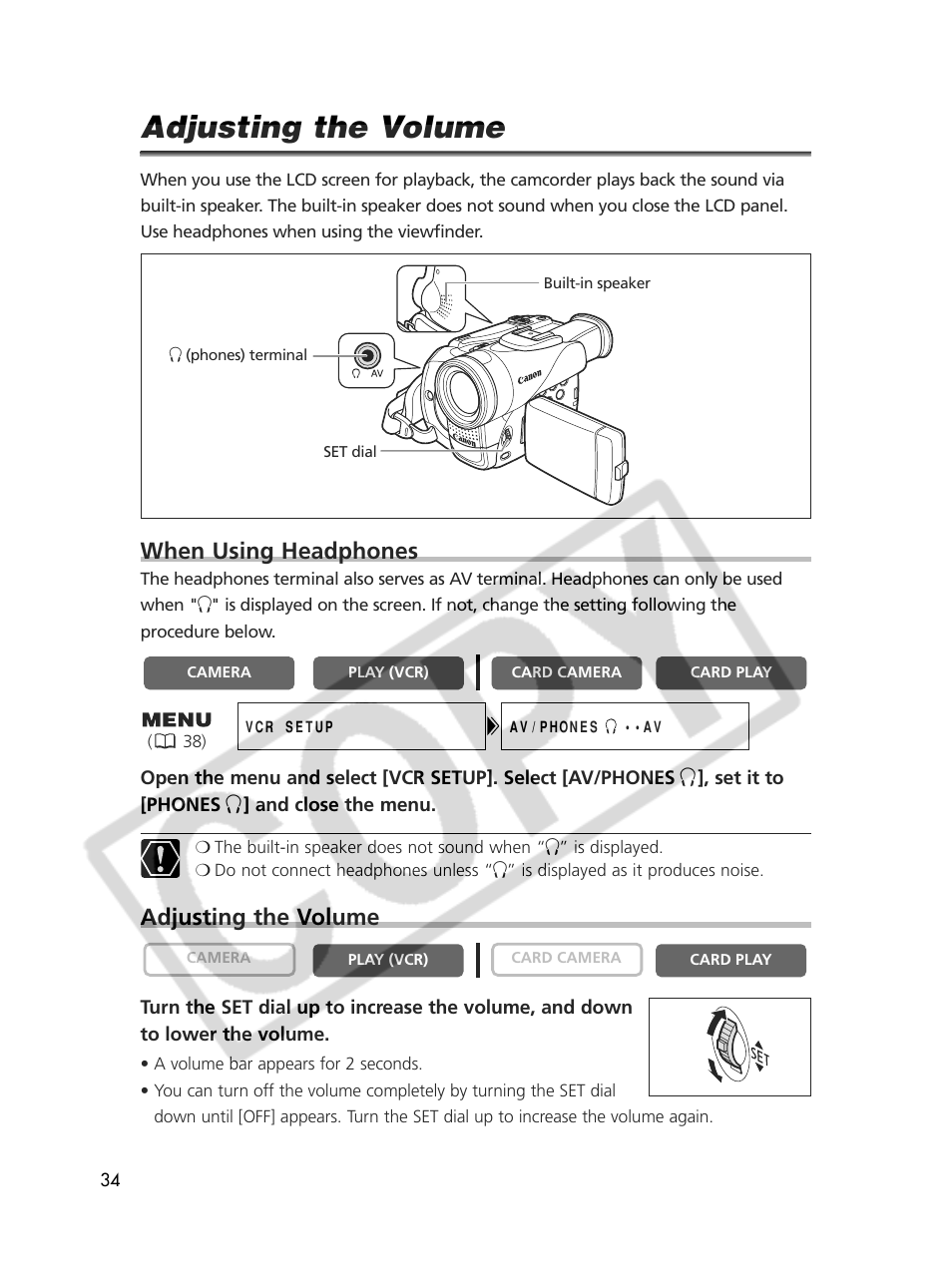 Adjusting the volume, When using headphones | Canon Elura 70 User Manual | Page 34 / 162