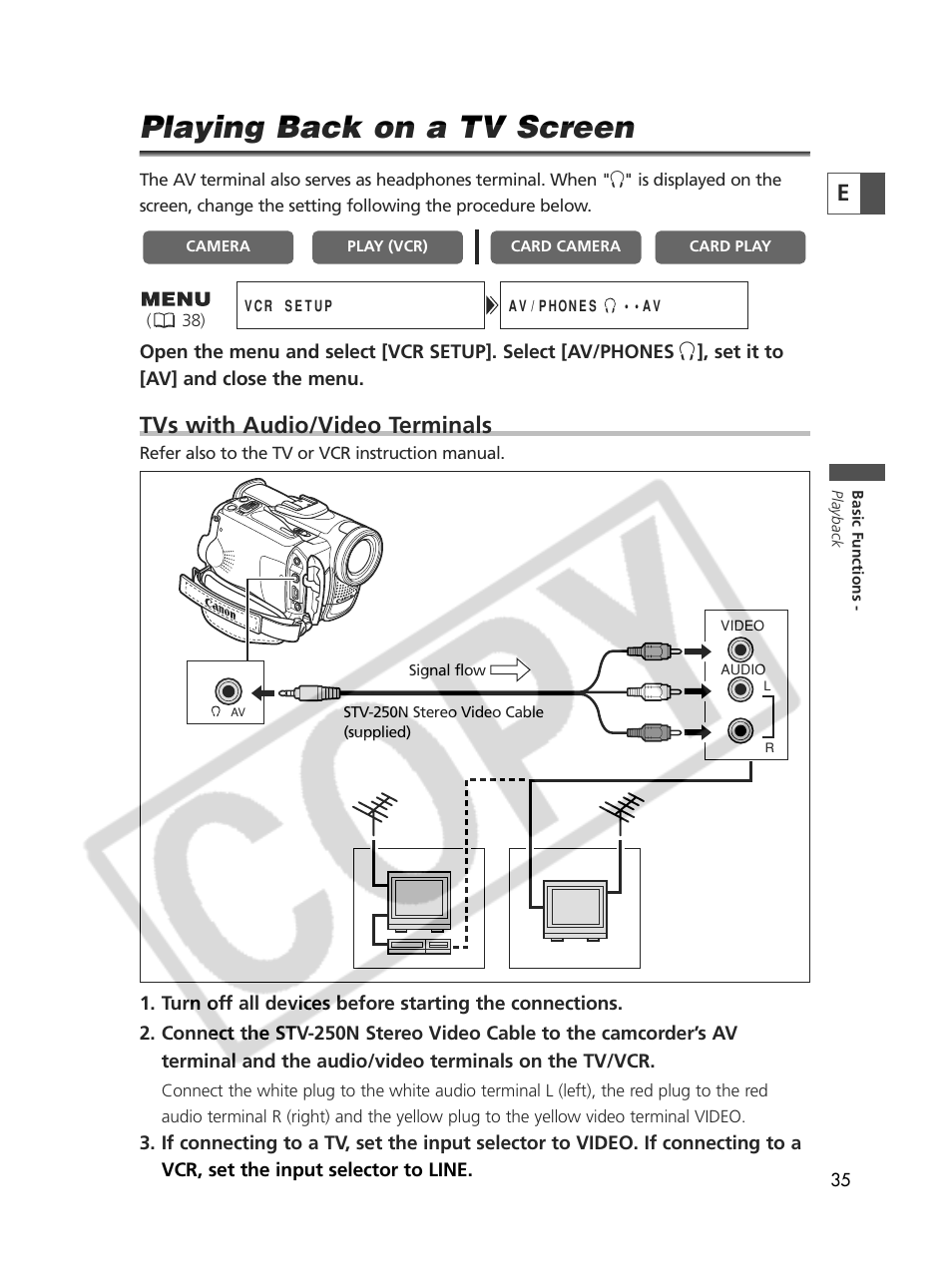 Playing back on a tv screen, Tvs with audio/video terminals | Canon Elura 70 User Manual | Page 35 / 162