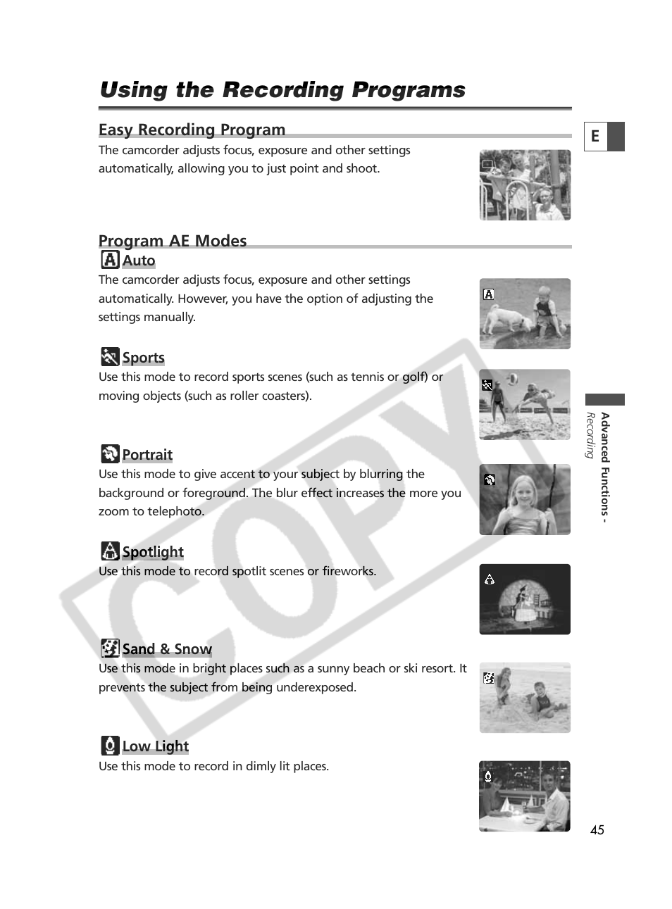 Using the recording programs, Easy recording program, Program ae modes | Canon Elura 70 User Manual | Page 45 / 162