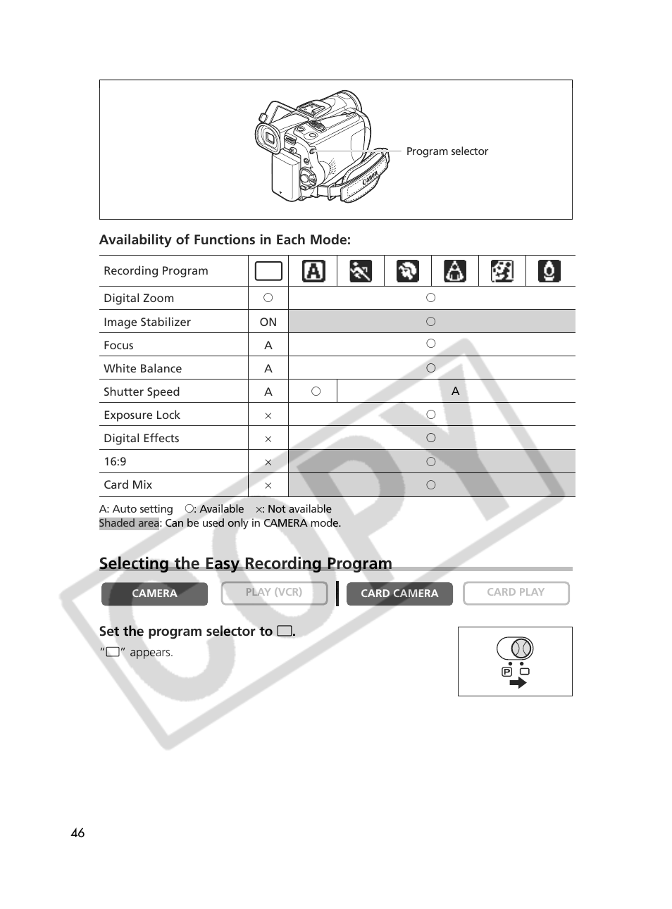 Selecting the easy recording program | Canon Elura 70 User Manual | Page 46 / 162