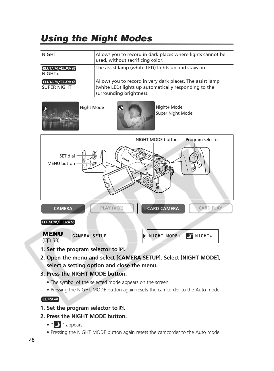 Using the night modes | Canon Elura 70 User Manual | Page 48 / 162