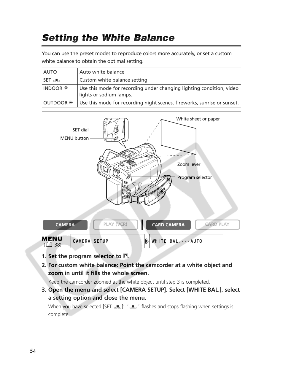 Setting the white balance | Canon Elura 70 User Manual | Page 54 / 162