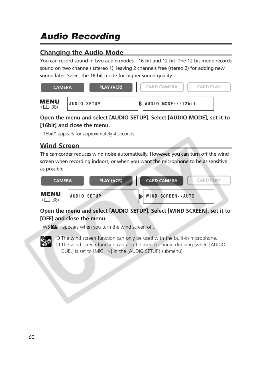 Audio recording, Changing the audio mode, Wind screen | Canon Elura 70 User Manual | Page 60 / 162