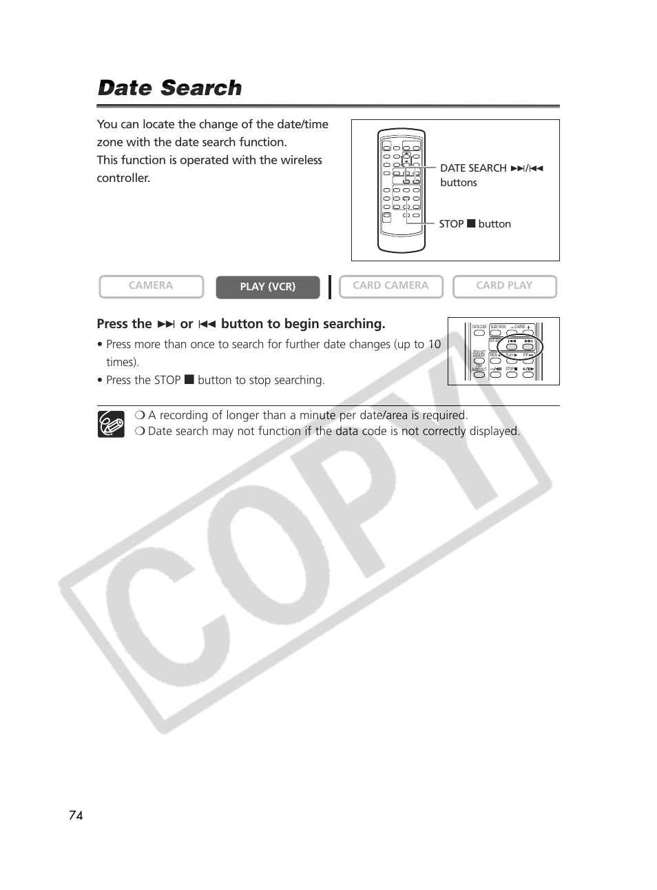 Date search, Press the + or - button to begin searching | Canon Elura 70 User Manual | Page 74 / 162