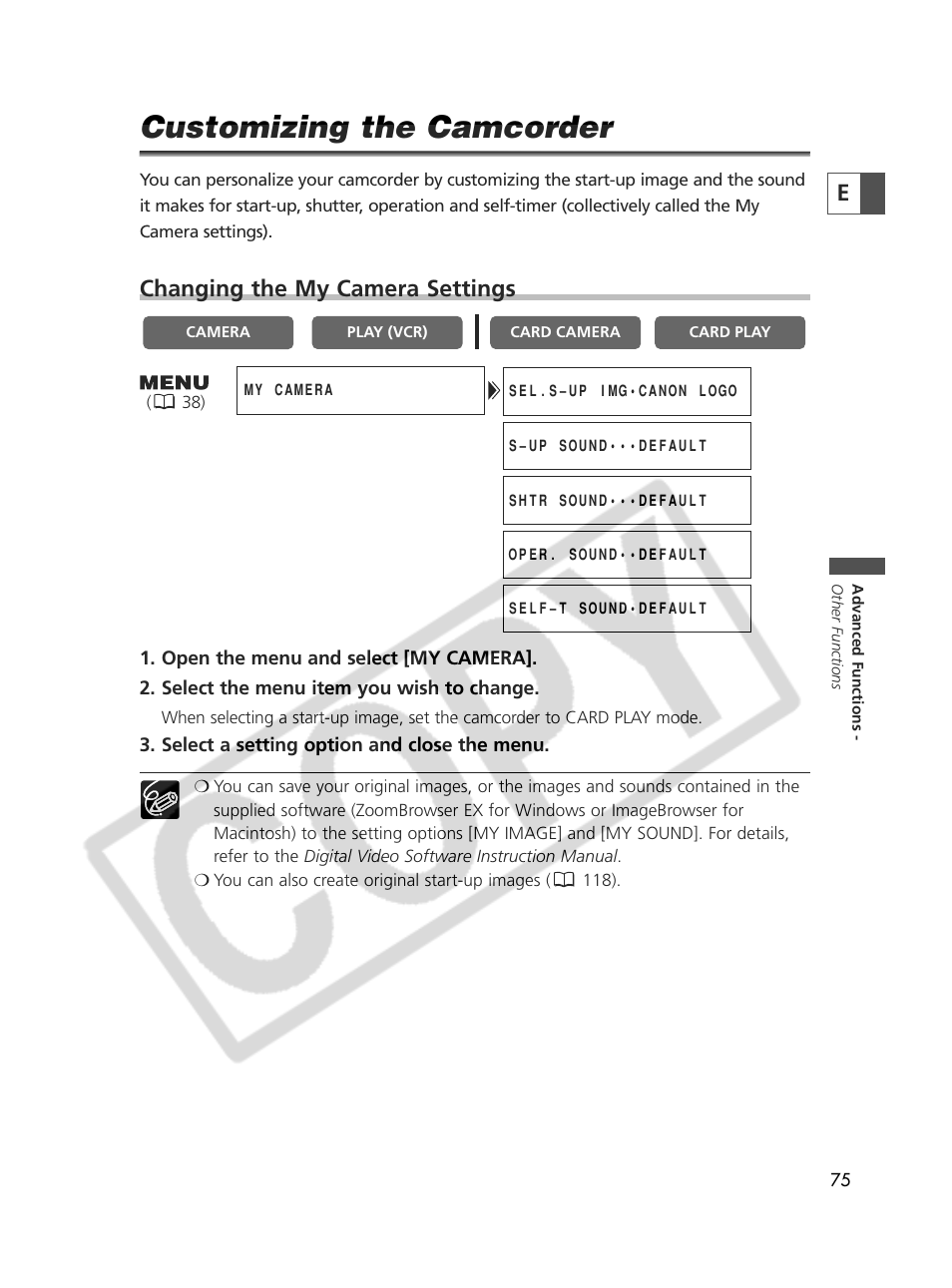 Customizing the camcorder, Changing the my camera settings | Canon Elura 70 User Manual | Page 75 / 162