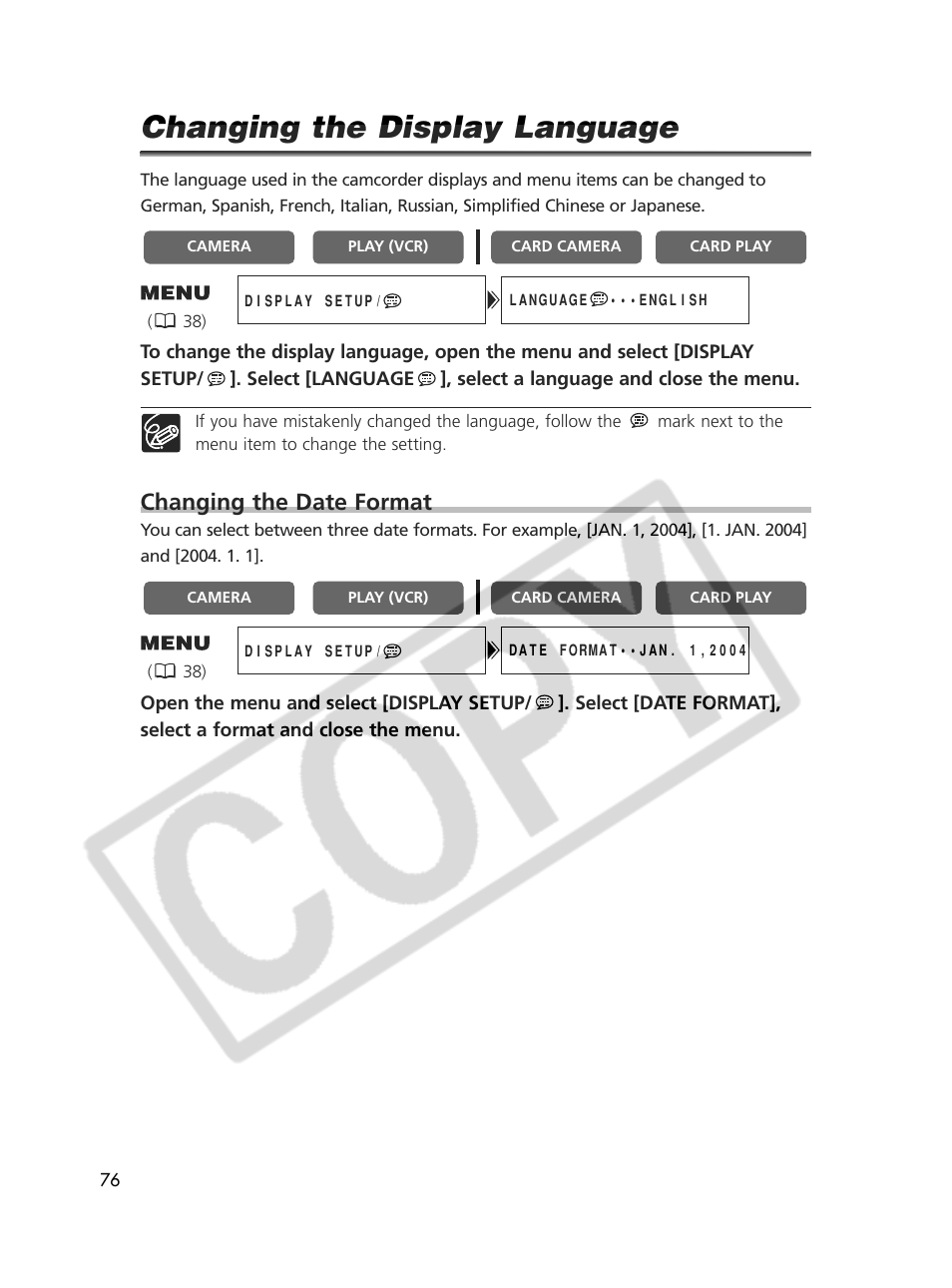 Changing the display language, Changing the date format | Canon Elura 70 User Manual | Page 76 / 162
