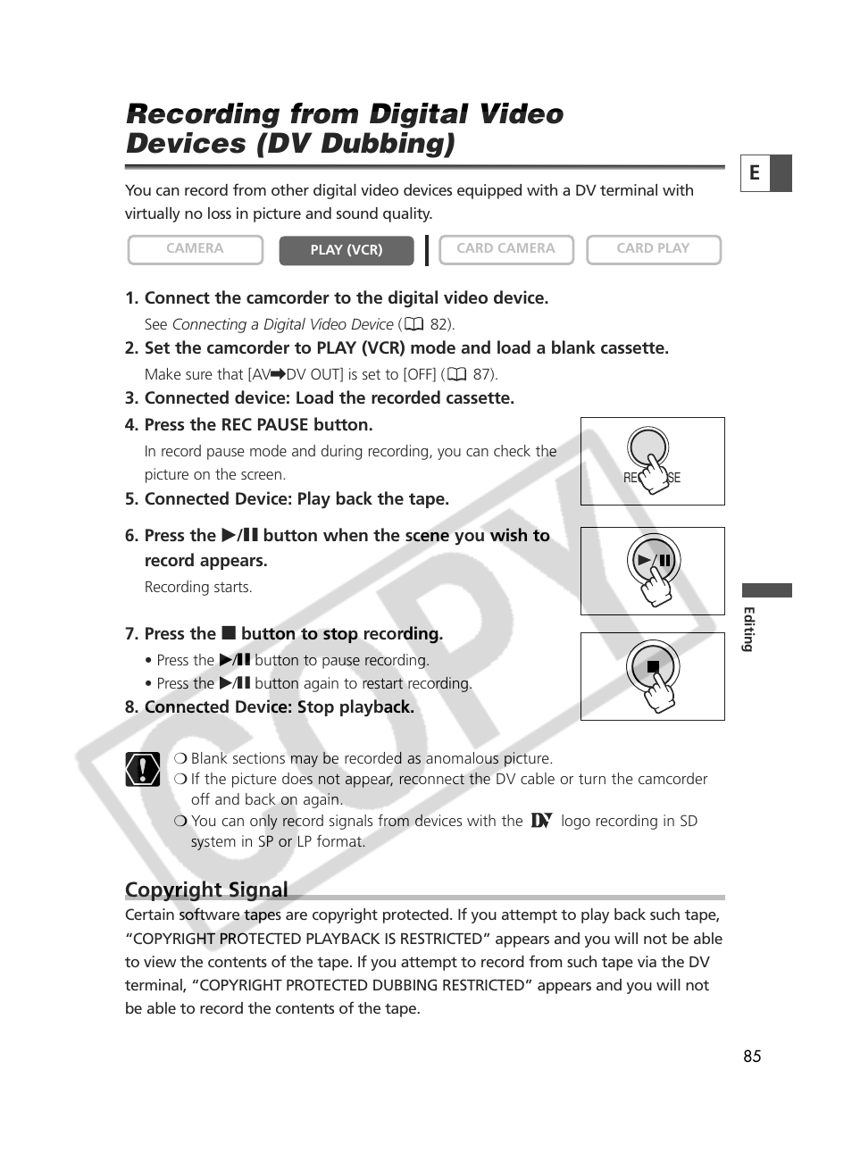 Recording from digital video devices (dv dubbing), Copyright signal | Canon Elura 70 User Manual | Page 85 / 162