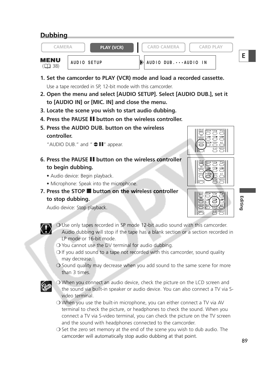 Edubbing, Audio dub.” and “ a” appear | Canon Elura 70 User Manual | Page 89 / 162