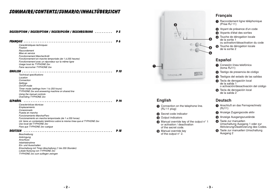 Sommaire/contents/sumario/inhaltübersicht | Delta Dore TYPHONE 2 SV User Manual | Page 2 / 10